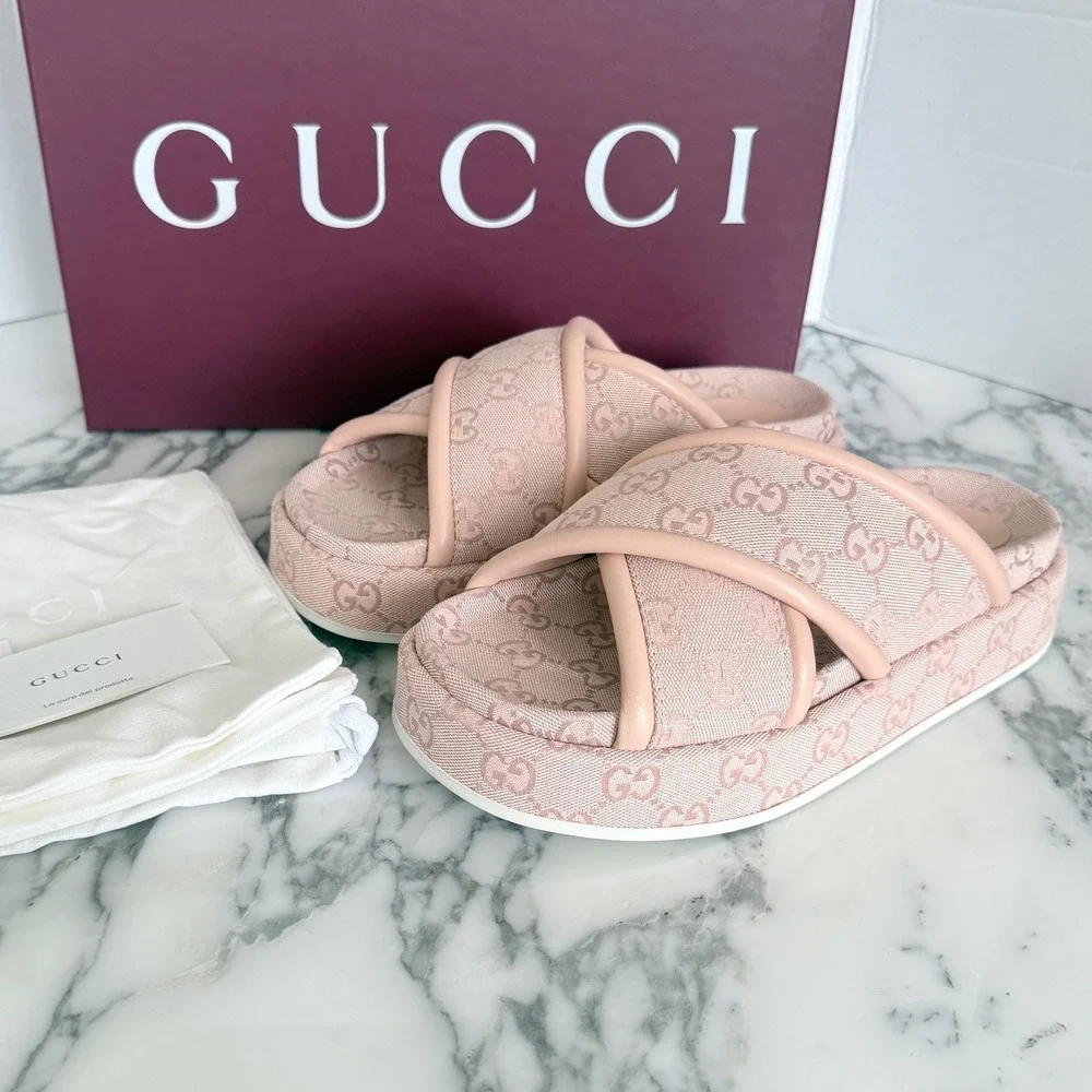 Gucci GG Canvas Platform Slide Sandals Light Pink Monogram Leather Trim 37